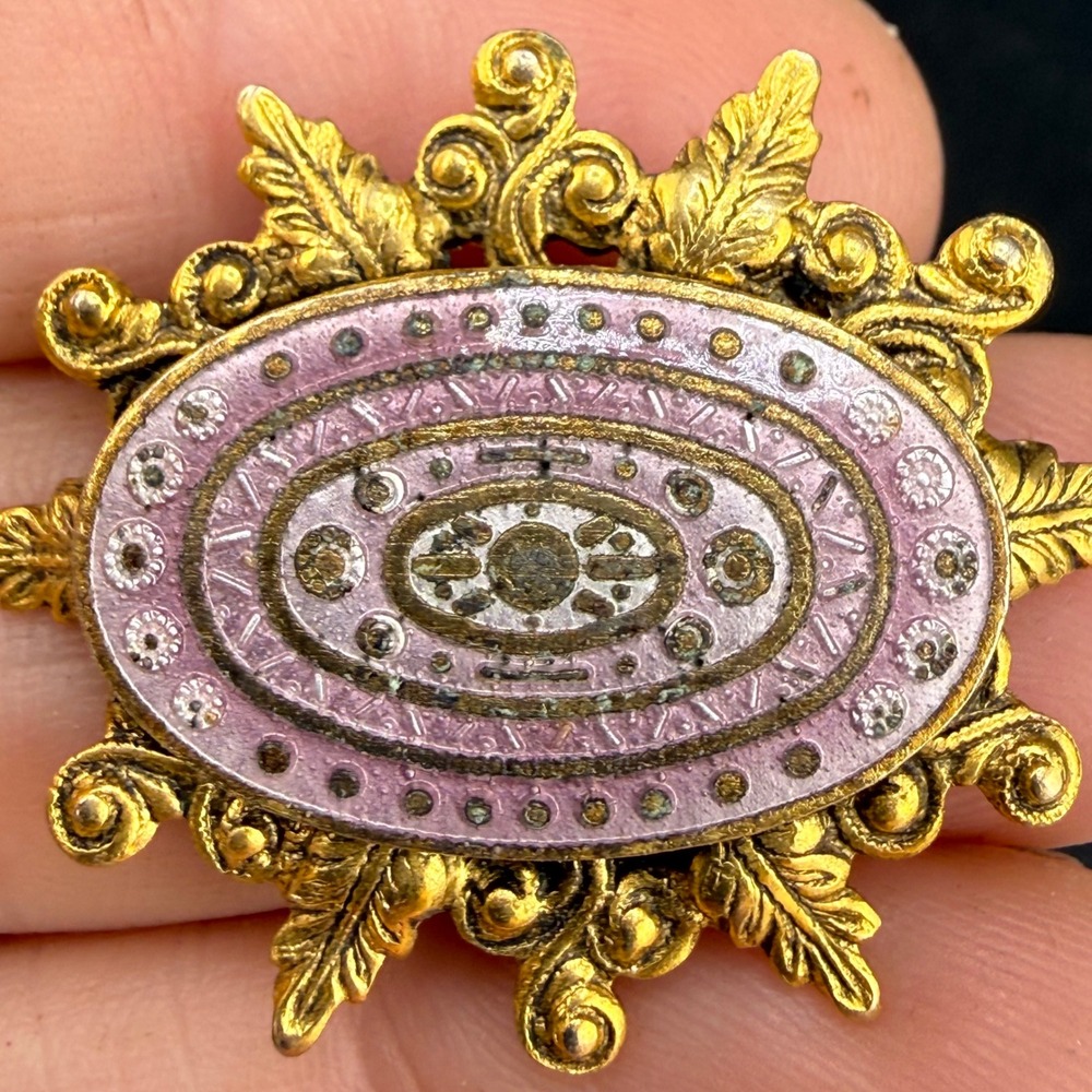 Vintage Freirich Brooch Gold Pink Enamel Victorian Revival Scroll Leaf 1.5in